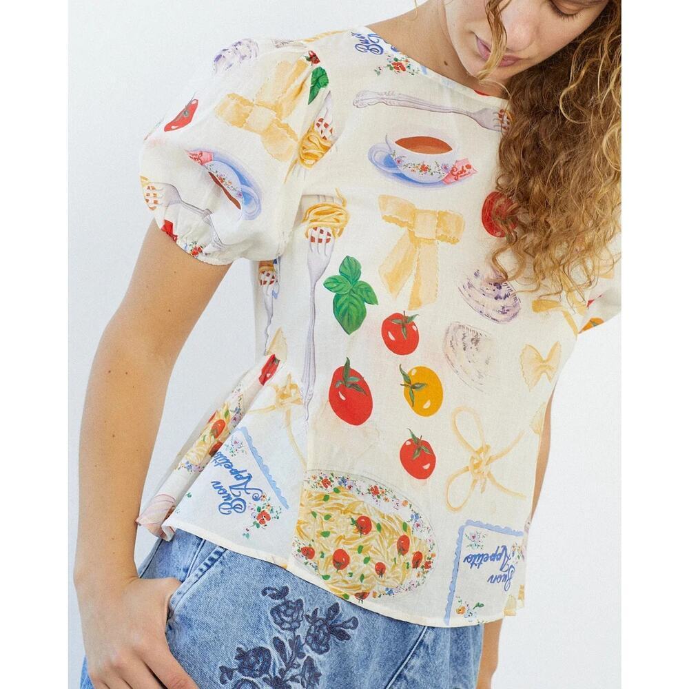 Lisa Says Gah Petra Buon Appetito Tie Back Top Blouse Size M Italian Food Print